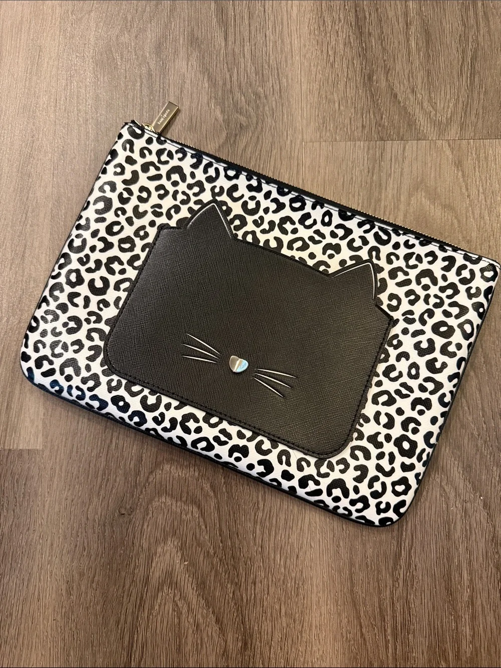 Kate Spade Black & White Leopard Cat Pouch – Cute Cat Face Zip Clutch